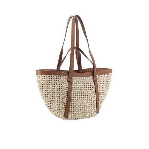 Abro Cosmo Medium handtas, shopper in beige raffia met cognac leer. 