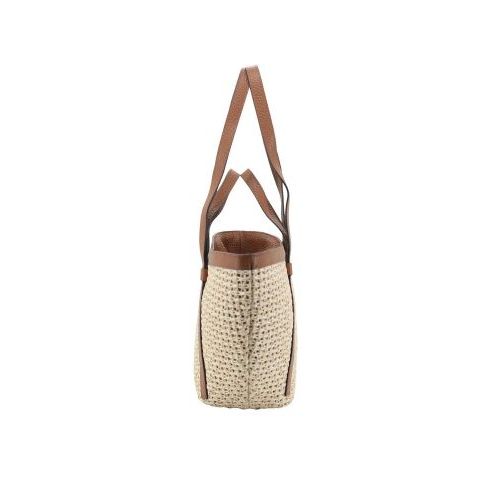 Abro Cosmo Medium handtas, shopper in beige raffia met cognac leer. 