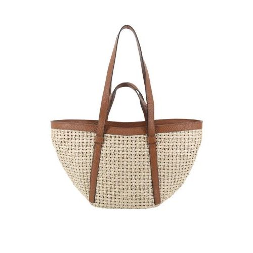 Abro Cosmo Medium handtas, shopper in beige raffia met cognac leer. 