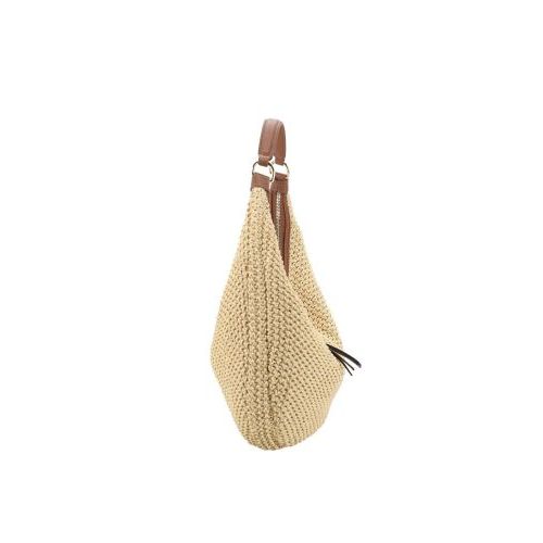 Abro Hobo Nana handtas in beige raffia met cognac leer voor dames. 