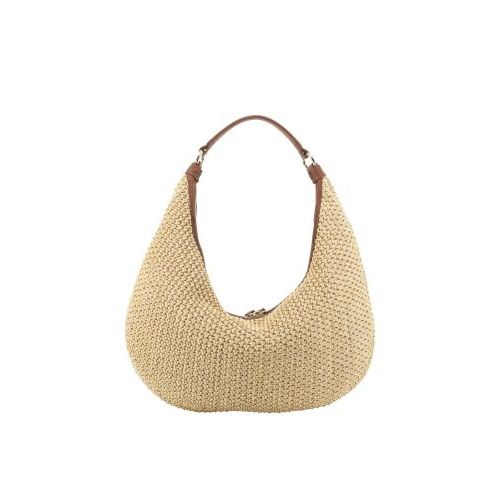 Abro Hobo Nana handtas in beige raffia met cognac leer voor dames. 
