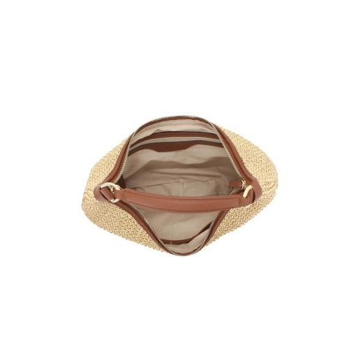 Abro Hobo Nana handtas in beige raffia met cognac leer voor dames. 