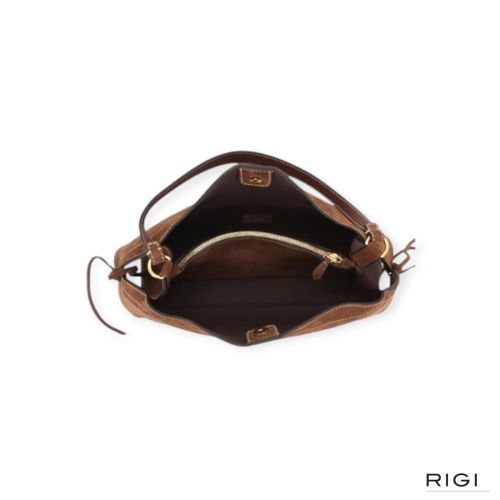 ABRO Necessity Small hand-en schoudertas in cognac, wood suède voor dames. 