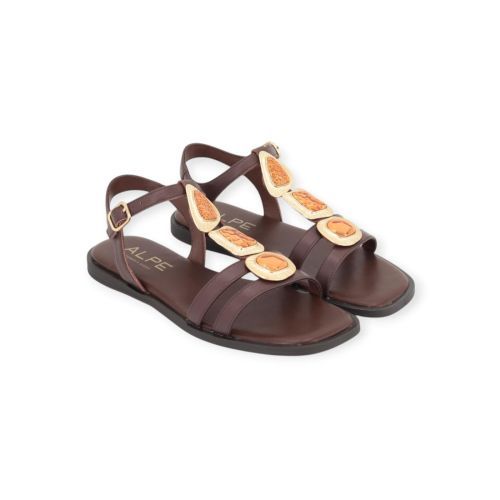 Alpe 5594 sandaal voor dames in bruin leer met goud en oranje accessoires.