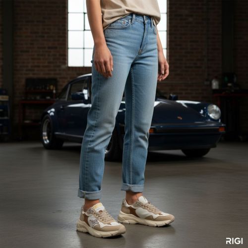 Ama Brand Moon sneaker voor dames in beige suede met goud.