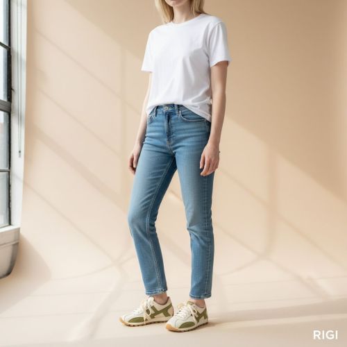 Belang dames sneaker in off wit leer met groen accent. Belang dames sneaker in off wit leer met groen accent.