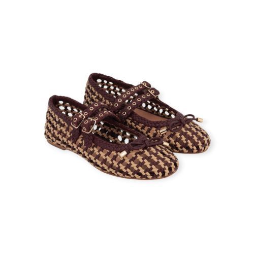 Bibi Lou Aspen Flat dames ballerina in geweven bordeaux (burgundi) met beige leer.