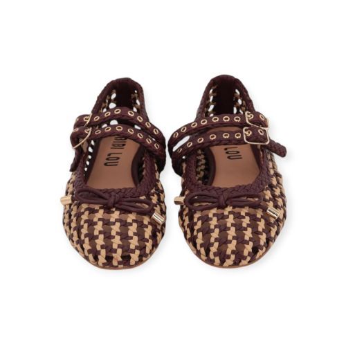 Bibi Lou Aspen Flat dames ballerina in geweven bordeaux (burgundi) met beige leer.