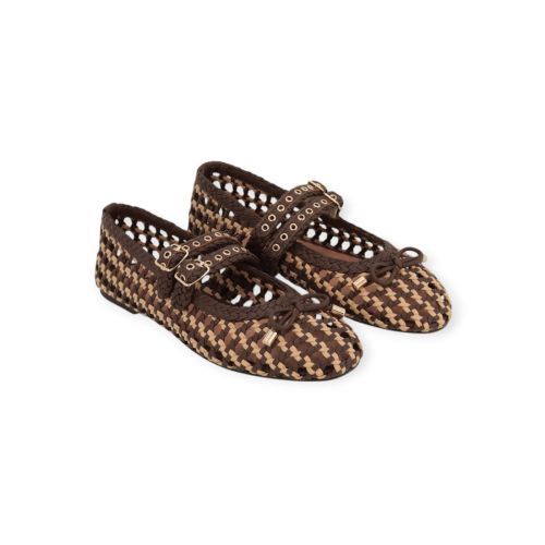 Bibi Lou Aspen Flat dames ballerina in geweven bruin met beige leer.