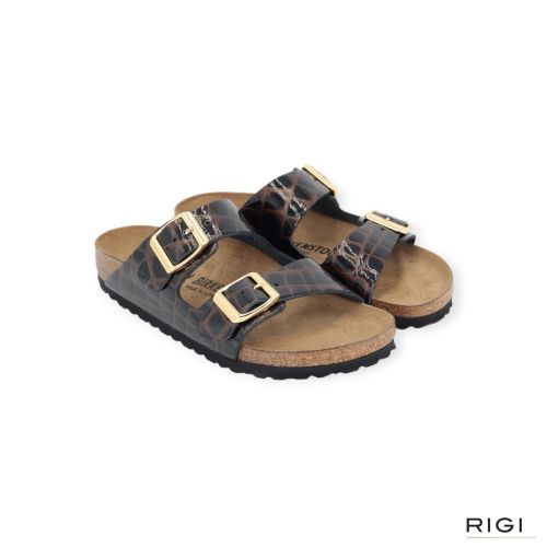 Birkenstock Arizona BS emboss slipper in zwart/bruin crocco lakleer voor dames. 