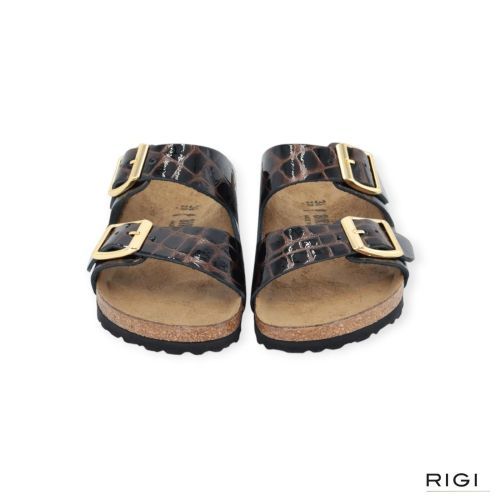 Birkenstock Arizona BS emboss slipper in zwart/bruin crocco lakleer voor dames. 