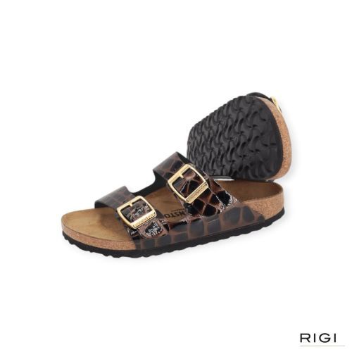 Birkenstock Arizona BS emboss slipper in zwart/bruin crocco lakleer voor dames. 
