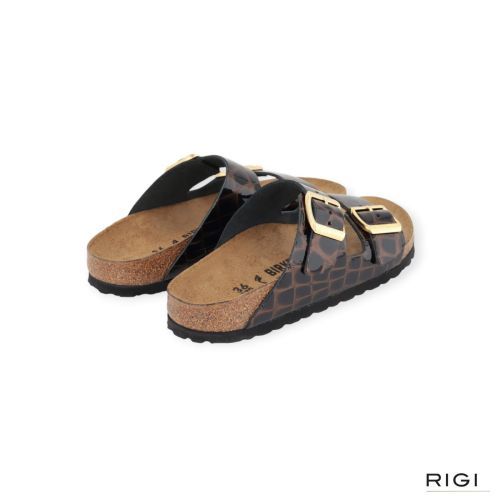 Birkenstock Arizona BS emboss slipper in zwart/bruin crocco lakleer voor dames. 