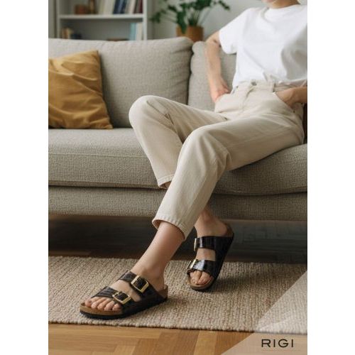 Birkenstock Arizona BS emboss slipper in zwart/bruin crocco lakleer voor dames. 