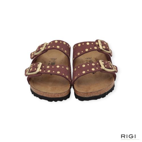 Birkenstock Arizona Rivet Border slipper in roze “pepper” suède met studs voor dames. 