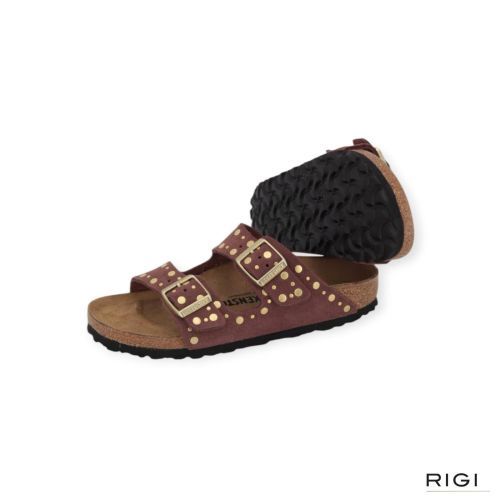 Birkenstock Arizona Rivet Border slipper in roze “pepper” suède met studs voor dames. 