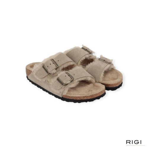 Birkenstock Arizona slipper in taupe suède voor dames met lamswol.