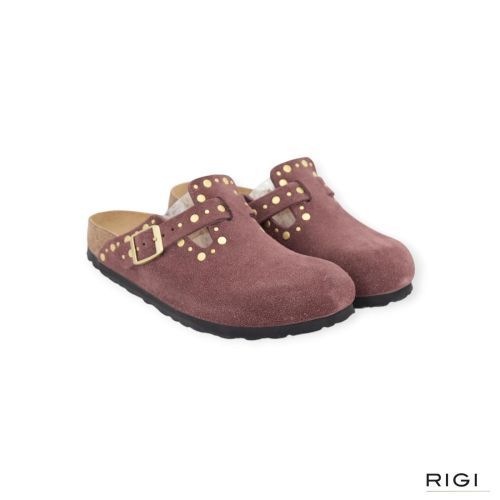 Birkenstock Boston Rivet Border muil in roze, pepper suède met studs voor dames. Birkenstock Boston Rivet Border muil in roze, pepper suède met studs voor dames.