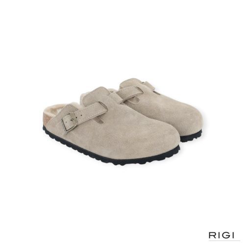 Birkenstock Boston VL Shearling muil in taupe suède voor dames. 