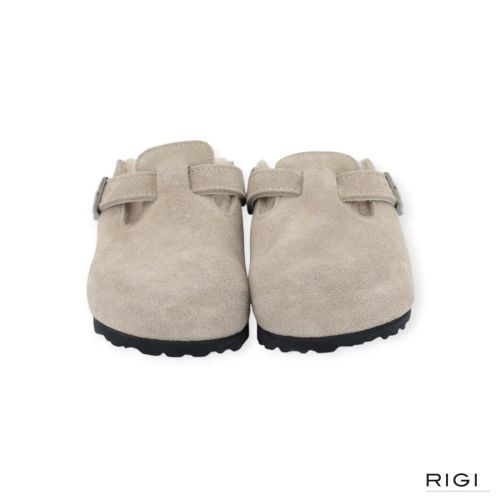 Birkenstock Boston VL Shearling muil in taupe suède voor dames. 