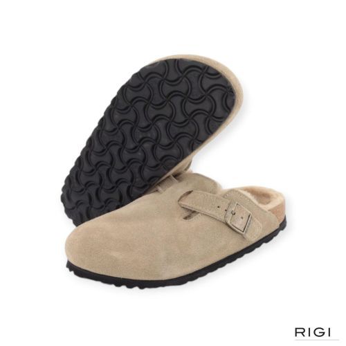 Birkenstock Boston VL Shearling muil in taupe suède voor dames. 