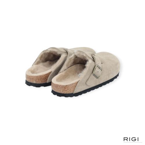 Birkenstock Boston VL Shearling muil in taupe suède voor dames. 
