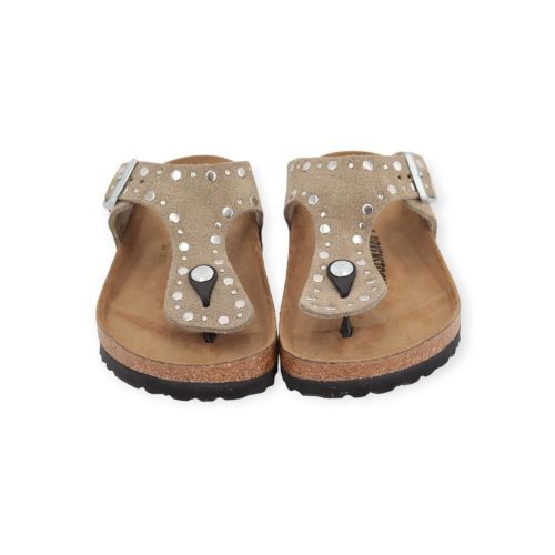 Birkenstock Gizeh River Border in taupe suède voor dames.