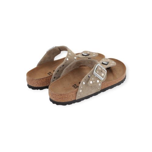 Birkenstock Gizeh River Border in taupe suède voor dames.