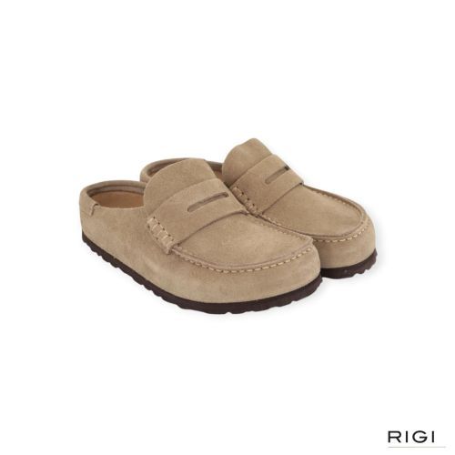Birkenstock Naples Wrapped in taupe suède voor dames en heren.