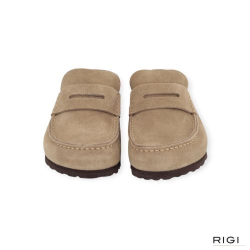 Birkenstock Naples Wrapped in taupe suède voor dames en heren.