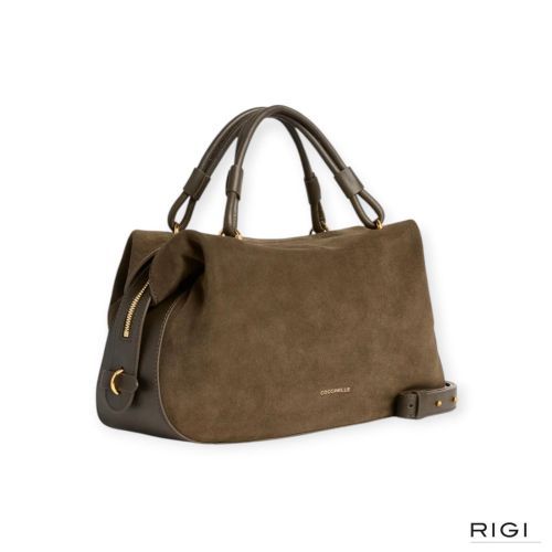 Coccinelle Lizzie E1VEQ180201 small hand-en schoudertas in taupe, fango suède voor dames. 