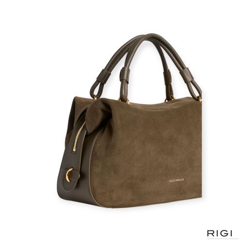 Coccinelle Lizzie E1VEQ180201 small hand-en schoudertas in taupe, fango suède voor dames. 