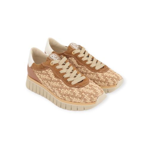 Dl Sport dames sneaker in cognac raffia leer.