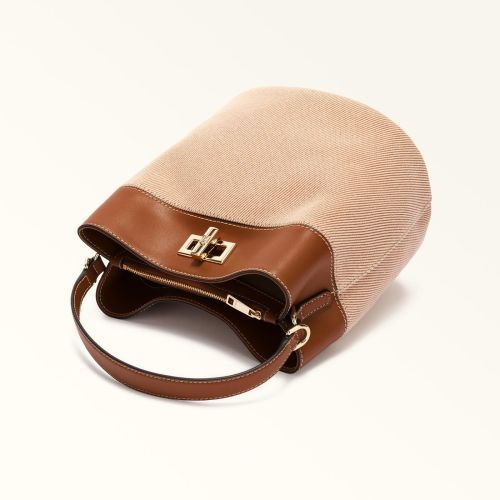 Furla Amelia Bucket Bag hand-en schoudertas voor dames in cognacleer, canvas