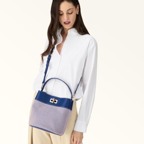 Furla Amelia Bucket Bag hand-en schoudertas voor dames in blauw leer, canvas