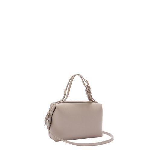 Furla Double Mini Boston handtas in taupe leer. Furla Double Mini Boston handtas in taupe leer.