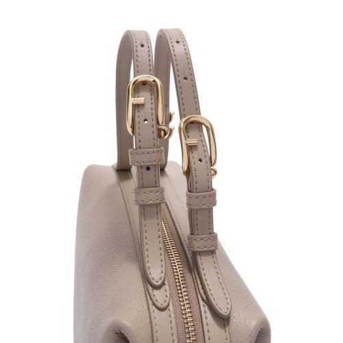 Furla Double Mini Boston handtas in taupe leer. Furla Double Mini Boston handtas in taupe leer.