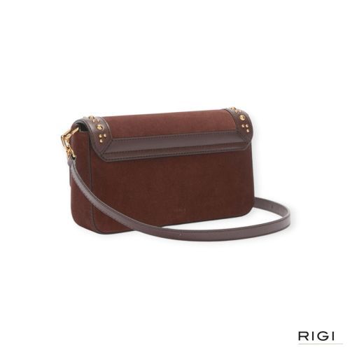Furla Iride S crossbody in bruin suède met gouden studs . Furla Iride S crossbody in bruin suède met gouden studs .