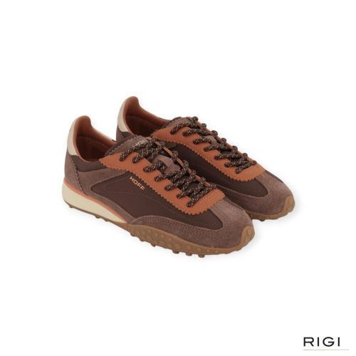 Hoff Bridge MKII sneaker in bruin suède met cognac leer voor dames. Hoff Bridge MKII sneaker in bruin suède met cognac leer voor dames.