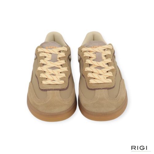 Hoff Park Khaki sneaker in kaki, beige suède met offwit voor dames.