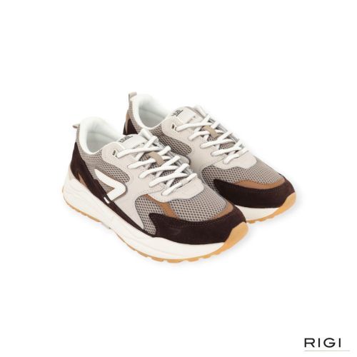Hub Grid M37 heren sneaker in donker bruin met taupe suede leer met mesh.