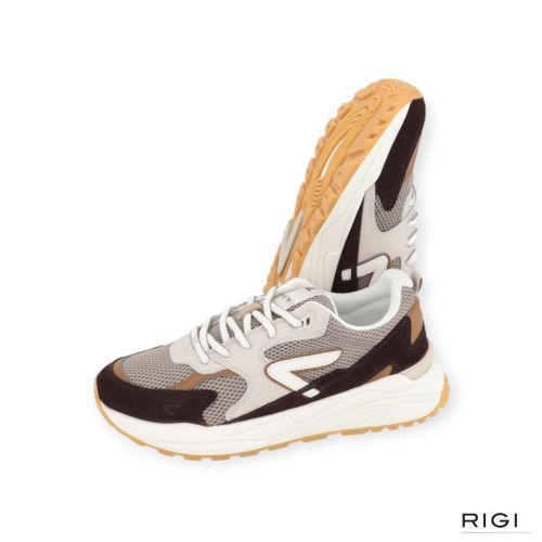Hub Grid M37 heren sneaker in donker bruin met taupe suede leer met mesh.