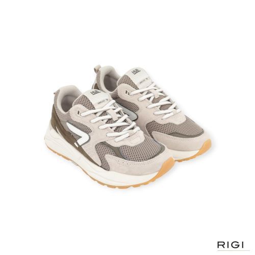 Hub Grid M37 heren sneaker in taupe met groen suede leer met mesh.