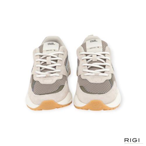 Hub Grid M37 heren sneaker in taupe met groen suede leer met mesh.