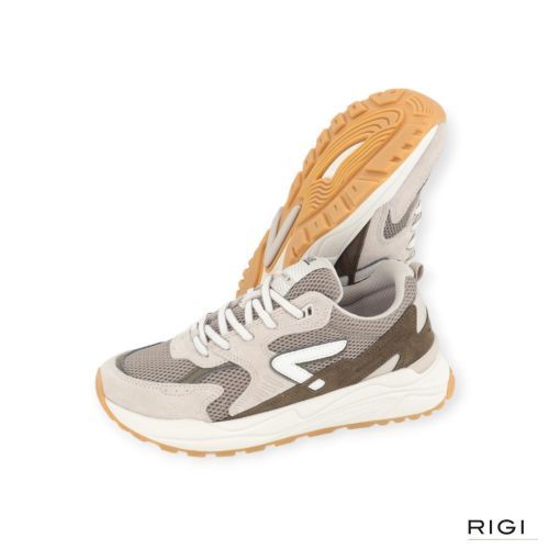 Hub Grid M37 heren sneaker in taupe met groen suede leer met mesh.