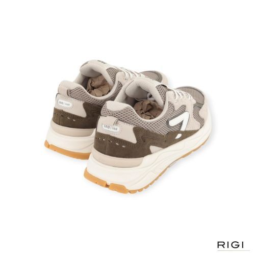 Hub Grid M37 heren sneaker in taupe met groen suede leer met mesh.