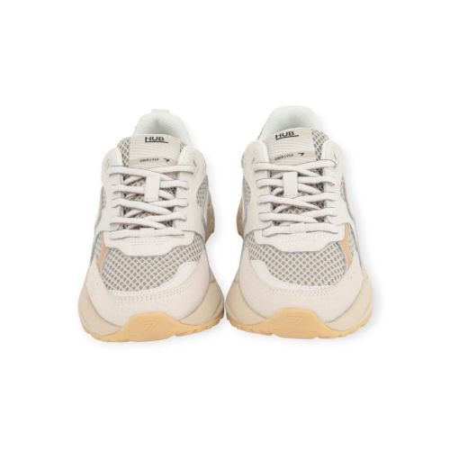 Hub Grid M49 sneaker voor dames in off wit leer en shinning goud. Hub Grid M49 sneaker voor dames in off wit leer en shinning goud.