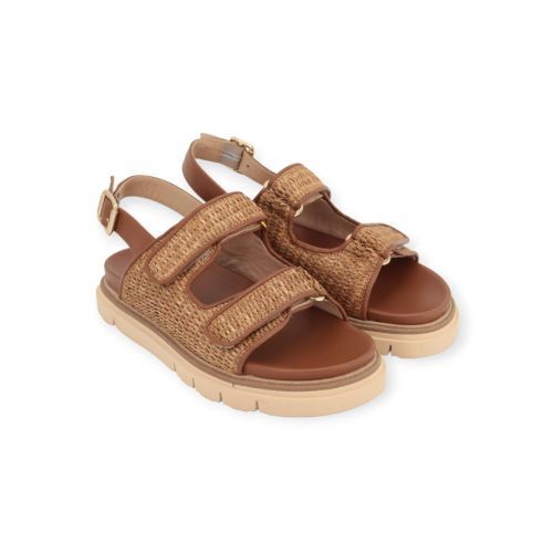 Luca Grossi dames sandaal in cognac raffia en leer.