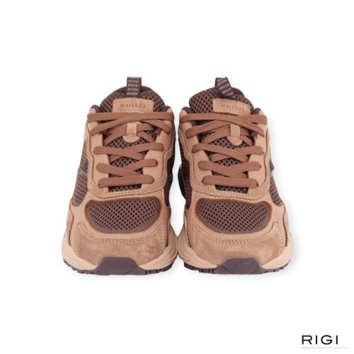 March23 Nala sneaker in vison, taupe leer met bordeaux mesh en suède voor dames. 