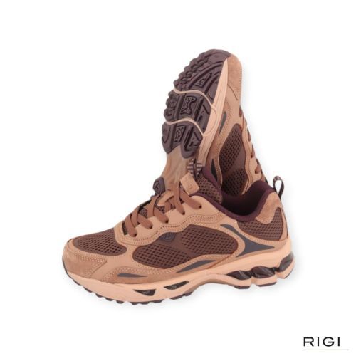 March23 Nala sneaker in vison, taupe leer met bordeaux mesh en suède voor dames. 